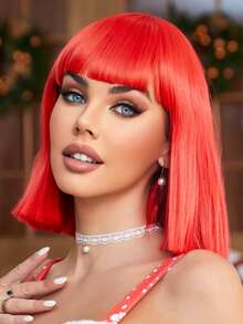Halloween Costume Wig Synthetic Heat Resistant Wigs Bob Curly Wave With BangFull Machine Made Daily Party Use For Women Natural Looking Good Quality Synthetic Soft Wigs - Red - View 6