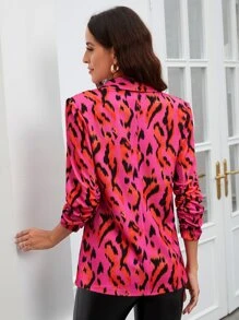 SHEIN Privé Allover Print Shawl Collar Ruched Sleeve Blazer - Hot Pink - View 2