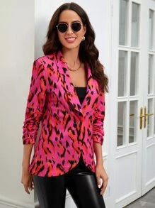 SHEIN Privé Allover Print Shawl Collar Ruched Sleeve Blazer - Hot Pink - View 5