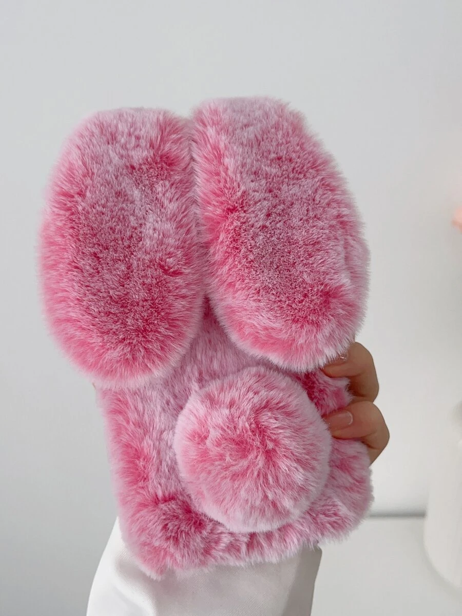 1pc Pompom & Rabbit Ear Decor Fuzzy Phone Case - Coral Pink - View 1