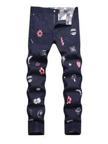 Quần Jeans Nam Thêu Bị tách Dây kéo Hoa - Rửa tối - Xem 1