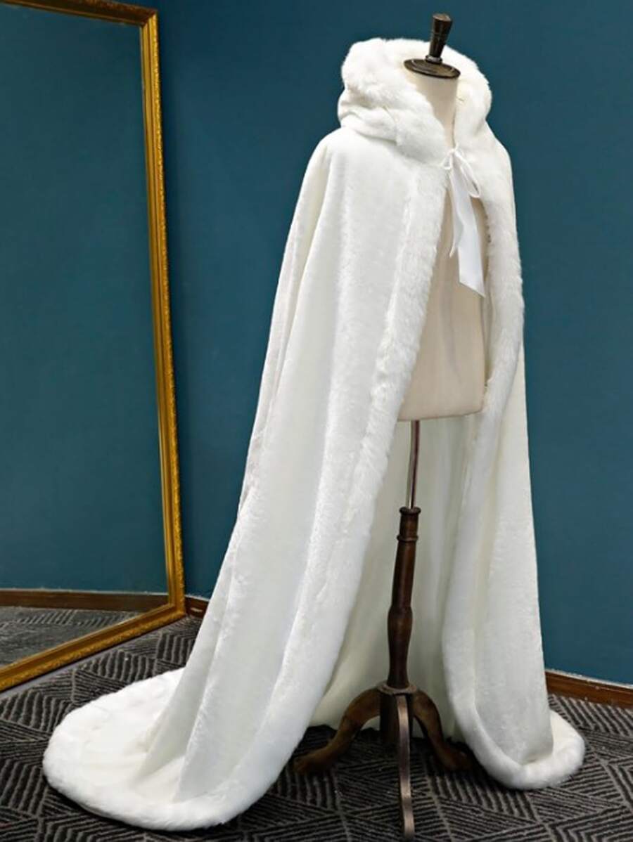 1 pieza Chal con capucha versátil y largo para mujer, capa nupcial de invierno con cola, abrigo grueso y cálido de talla grande para disfraz de Halloween, fiesta y ropa de otoño para mujer - Beis - Ver 1