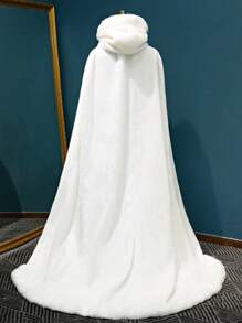 1 pieza Chal con capucha versátil y largo para mujer, capa nupcial de invierno con cola, abrigo grueso y cálido de talla grande para disfraz de Halloween, fiesta y ropa de otoño para mujer - Beis - Ver 2