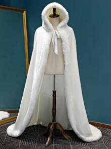 1 pieza Chal con capucha versátil y largo para mujer, capa nupcial de invierno con cola, abrigo grueso y cálido de talla grande para disfraz de Halloween, fiesta y ropa de otoño para mujer - Beis - Ver 3