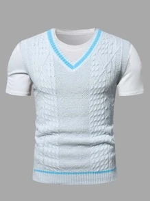 Manfinity Men 1pc Striped Trim Cable Knit Sweater Vest - White - View 1