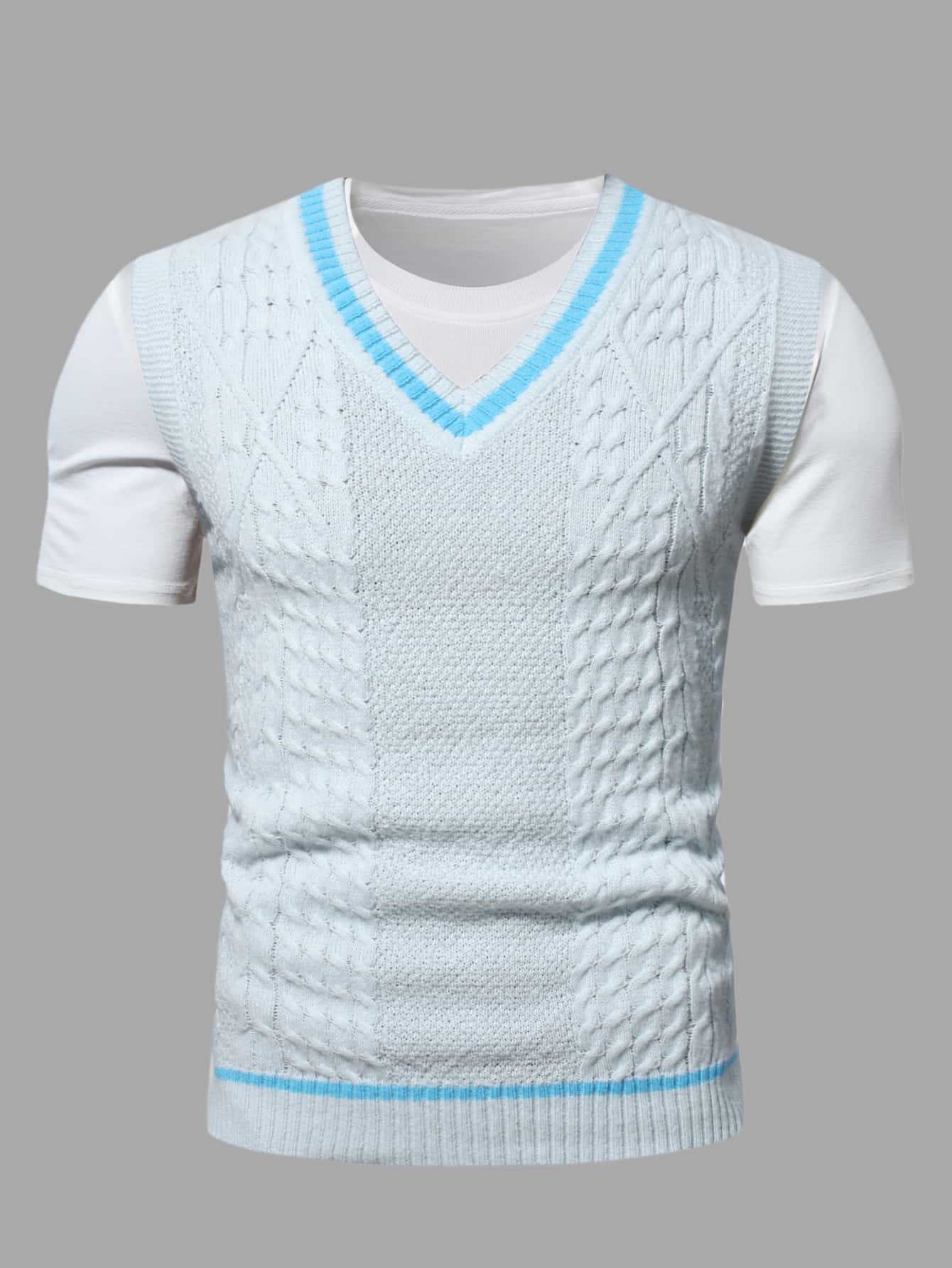 Manfinity Men 1pc Striped Trim Cable Knit Sweater Vest - White - View 1