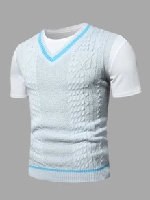 Manfinity Men 1pc Striped Trim Cable Knit Sweater Vest - White - View 3