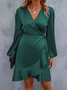 EMERY ROSE 燈籠袖荷葉邊圍裹側打結緞面連衣裙