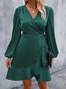 EMERY ROSE 燈籠袖荷葉邊圍裹側打結緞面連衣裙