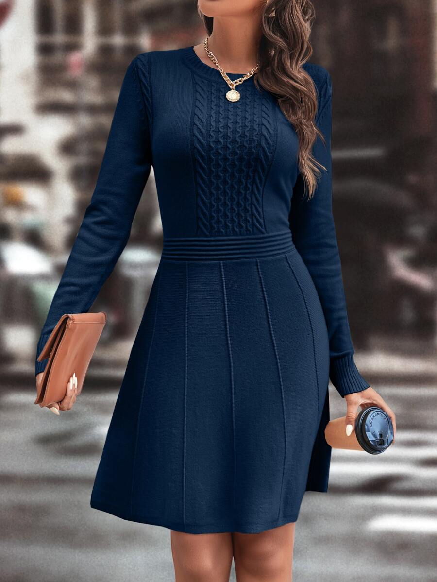 SHEIN LUNE Cable Knit Seam Detail Jumper Dress - Navy Blue - View 1