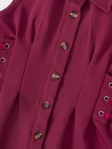 SHEIN Toddler Girls Button Front Lace Up Side Shirt Dress - Red - View 3