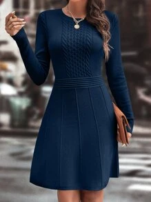 SHEIN LUNE Cable Knit Seam Detail Jumper Dress - Navy Blue - View 4
