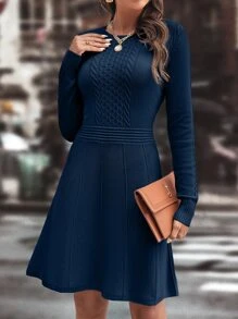SHEIN LUNE Cable Knit Seam Detail Jumper Dress - Navy Blue - View 5