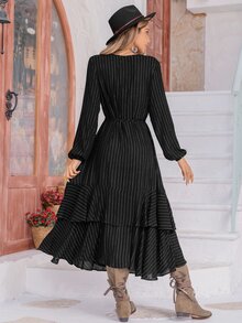 Rusttydustty Striped Print Lantern Sleeve Ruffle Hem Dress - Black - View 2