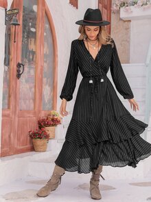 Rusttydustty Striped Print Lantern Sleeve Ruffle Hem Dress - Black - View 6