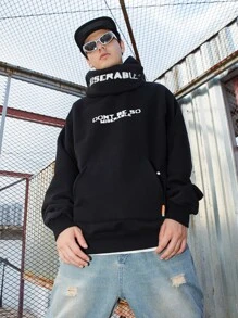 男士落肩袖字母圖案連帽衫 - 黑色 - 查看 4