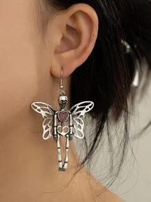 Butterfly & Skeleton Drop Earrings - Antique Silver - View 1