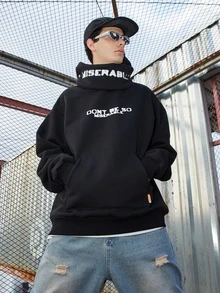 男士落肩袖字母圖案連帽衫 - 黑色 - 查看 5