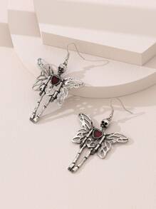 Butterfly & Skeleton Drop Earrings - Antique Silver - View 3