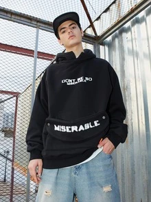 男士落肩袖字母圖案連帽衫 - 黑色 - 查看 3