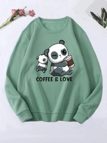 SHEIN EZwear Panda & Letter Graphic Thermal Pullover - Mint Green - View 1