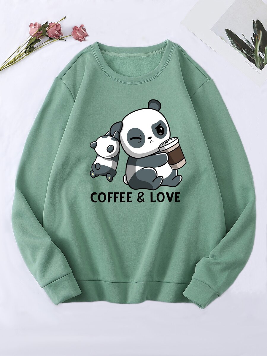 SHEIN EZwear Panda & Letter Graphic Thermal Pullover - Mint Green - View 1
