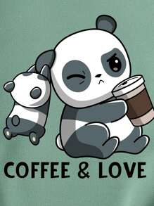 SHEIN EZwear Panda & Letter Graphic Thermal Pullover - Mint Green - View 6