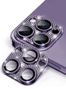 1 tấm bảo vệ ống kính điện thoại bằng kim cương giả tương thích với iPhone 15/15Pro/15Plus/15Promax - Màu tím - Xem 1