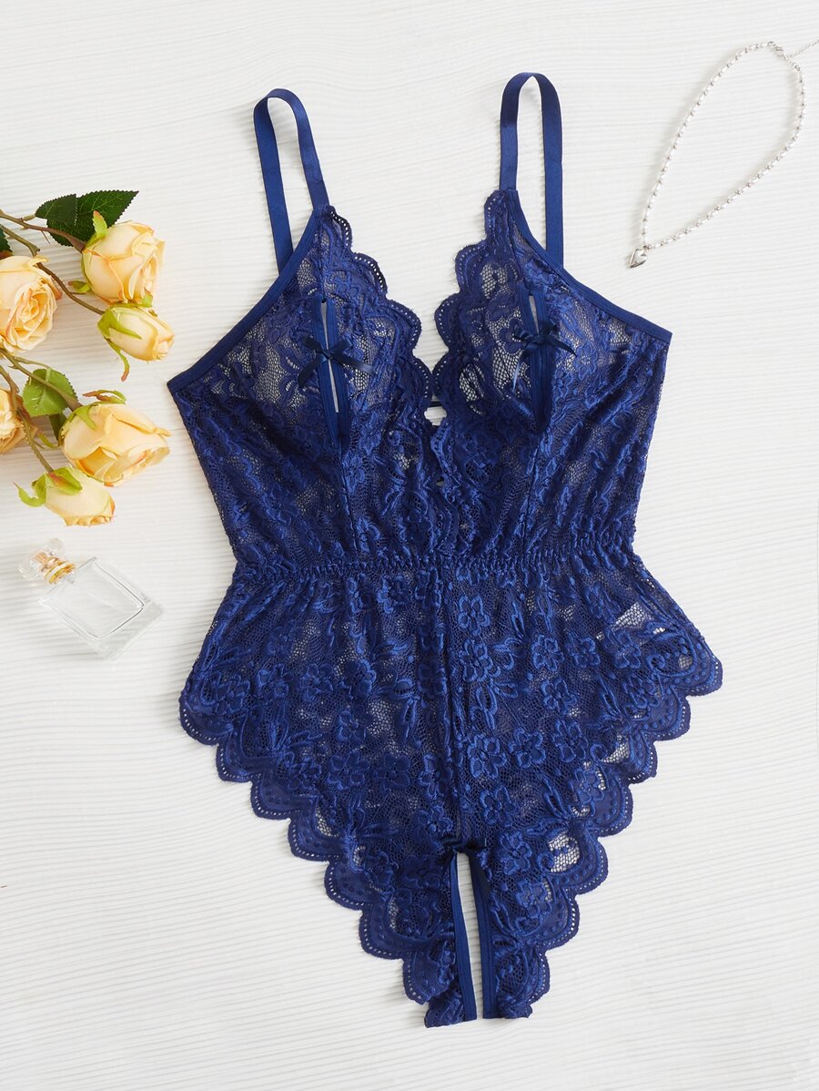 Plus Floral Lace Scallop Trim Crotchless Teddy Bodysuit - Navy Blue - View 1
