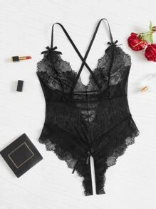 Body teddy con encaje floral sin entrepierna - Negro - Ver 1