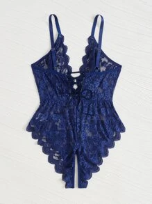 Plus Floral Lace Scallop Trim Crotchless Teddy Bodysuit - Navy Blue - View 2
