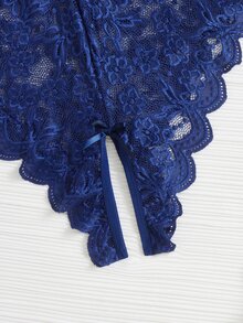 Plus Floral Lace Scallop Trim Crotchless Teddy Bodysuit - Navy Blue - View 3
