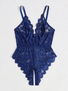 Plus Floral Lace Scallop Trim Crotchless Teddy Bodysuit - Navy Blue - View 4