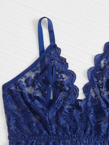 Plus Floral Lace Scallop Trim Crotchless Teddy Bodysuit - Navy Blue - View 5