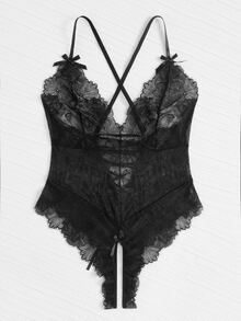 Body teddy con encaje floral sin entrepierna - Negro - Ver 5