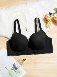 Plus Size Black Plain Backless Bra With Slight Stretch And Padded Design For Casual Wear - Black - View 1