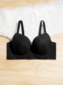 Plus Size Black Plain Backless Bra With Slight Stretch And Padded Design For Casual Wear - Black - View 5