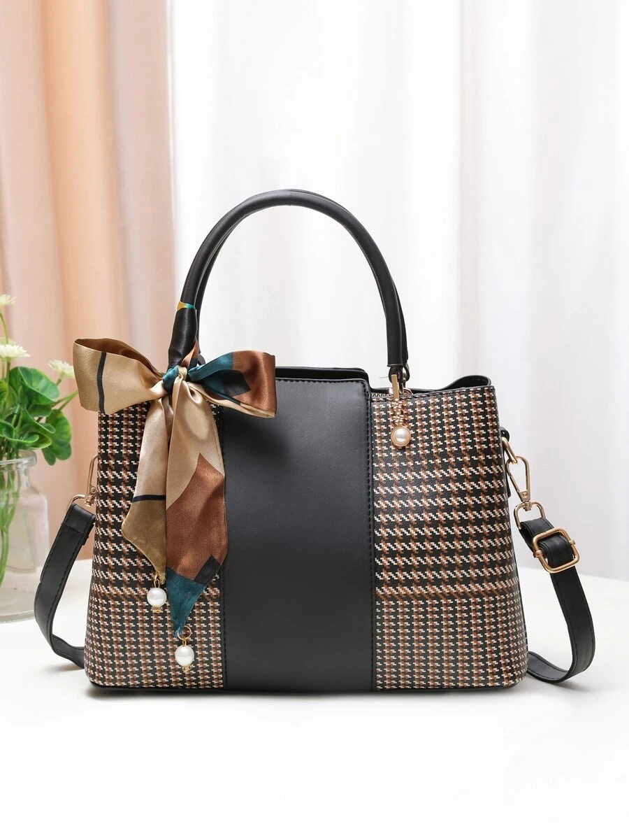 随机细围巾装饰千鸟格图案方形包，母亲节送给妈妈的礼物 - 黑色 - 查看 1