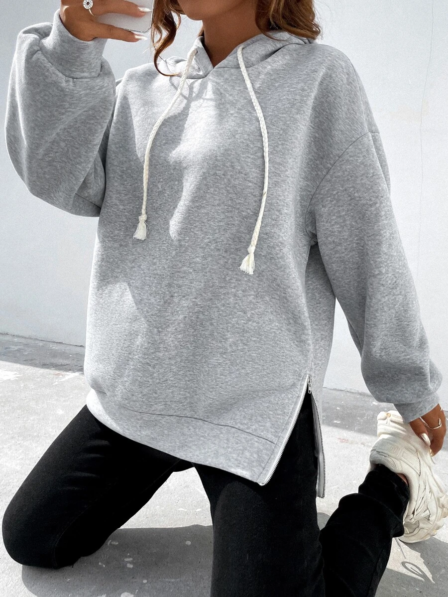 SHEIN Unity Drop Shoulder Zip Side Split Hem Drawstring Hoodie - Light Grey - View 1