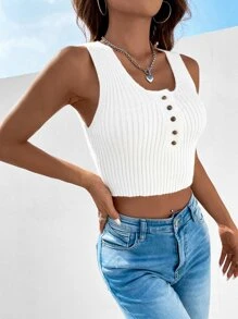 SHEIN Essnce Top de punto Tank crop con botón - Blanco - Ver 3