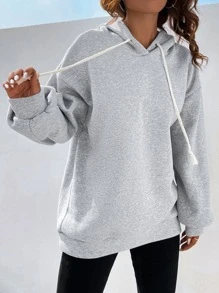 SHEIN Unity Drop Shoulder Zip Side Split Hem Drawstring Hoodie - Light Grey - View 5