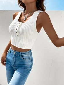 SHEIN Essnce Top de punto Tank crop con botón - Blanco - Ver 6
