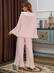 Conjunto de pijama/ropa de dormir con mangas con volantes de encaje de contraste y dobladillo con volantes, ideal para vacaciones