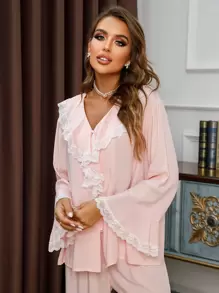 Conjunto de pijama/ropa de dormir con mangas con volantes de encaje de contraste y dobladillo con volantes, ideal para vacaciones