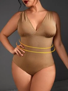 Plus Solid Slim Fit Tank Shapewear Bodysuit - Khaki - View 1