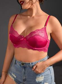 Plus Contrast Lace Bow Front Underwire Bra - Hot Pink - View 3