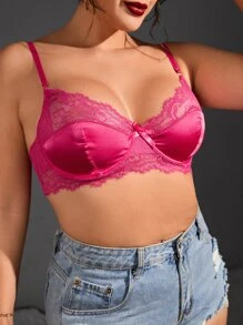 Plus Contrast Lace Bow Front Underwire Bra - Hot Pink - View 5