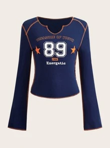 SHEIN EZwear Camiseta corta con estampado de letra con puntada en contraste de cuello de muesca - Azul Marino - Ver 1