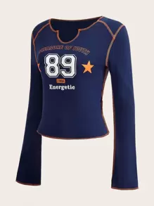 SHEIN EZwear Camiseta corta con estampado de letra con puntada en contraste de cuello de muesca - Azul Marino - Ver 5