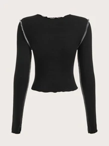 SHEIN ICON 人物和字母圖案木耳邊短款T恤 - 黑色 - 查看 2